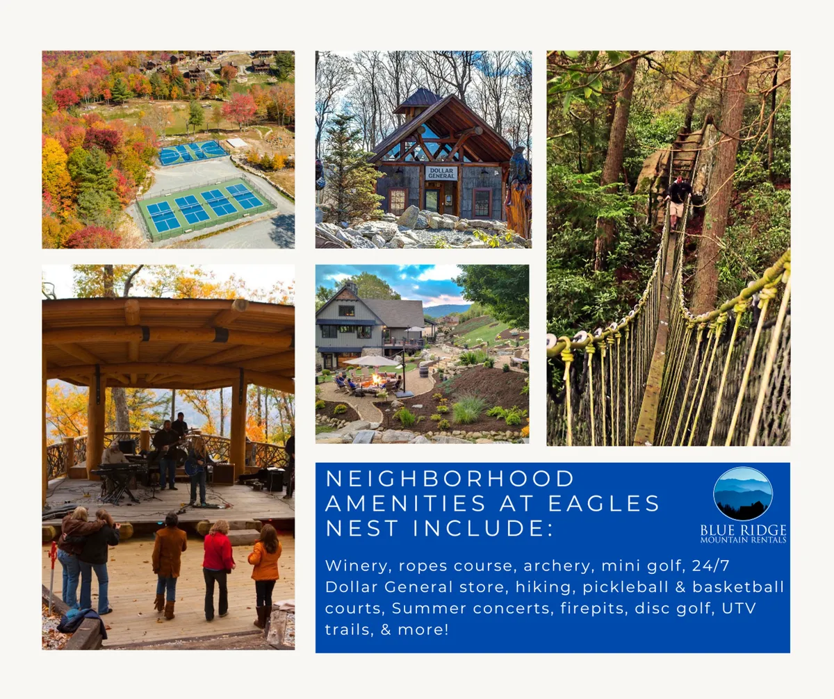 A vibrant outdoor scene featuring a ropes course, an archery range, mini golf area, and a concert stage, all set against the backdrop of mountain views. The space is lively with joyful groups enjoying various outdoor activities and summer evening entertainment.